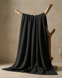 Muslin Blanket in Black, close-up of the open cotton weave