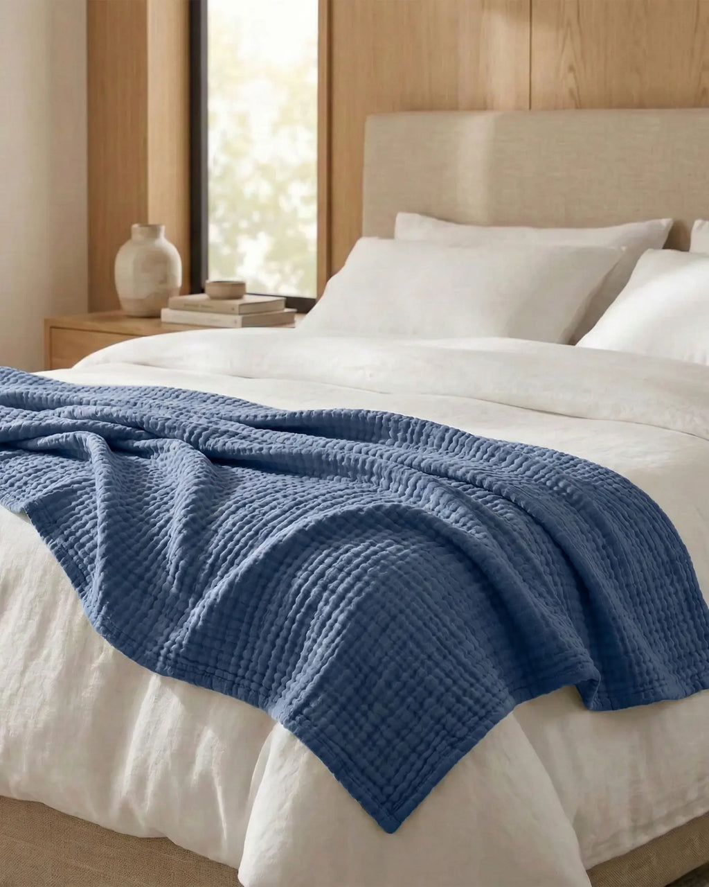 Muslin Blanket in Blue in a bedroom