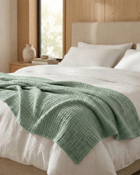 Muslin Blanket in Green, close-up of the open cotton weave