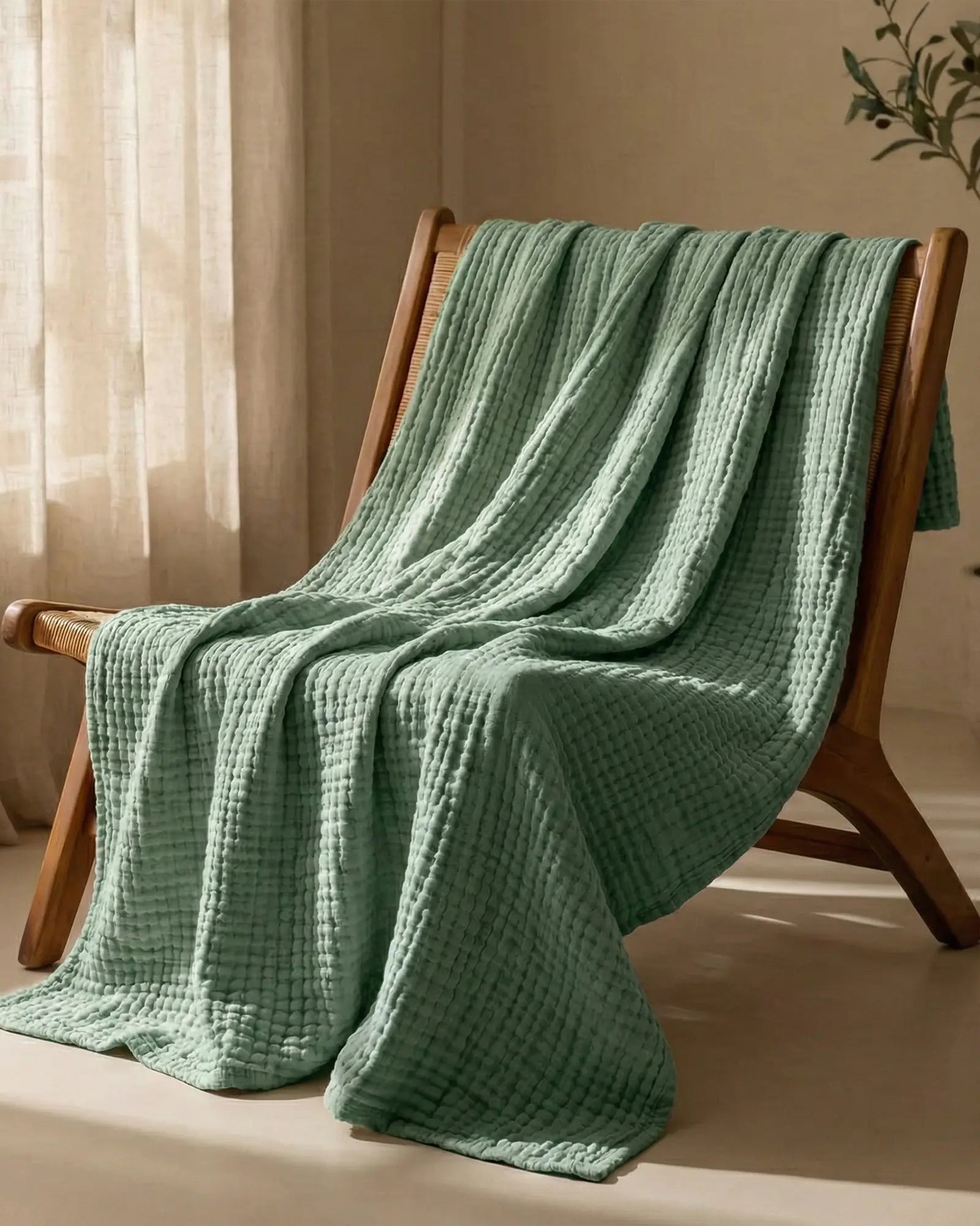 Muslin Blanket in Green in a bedroom