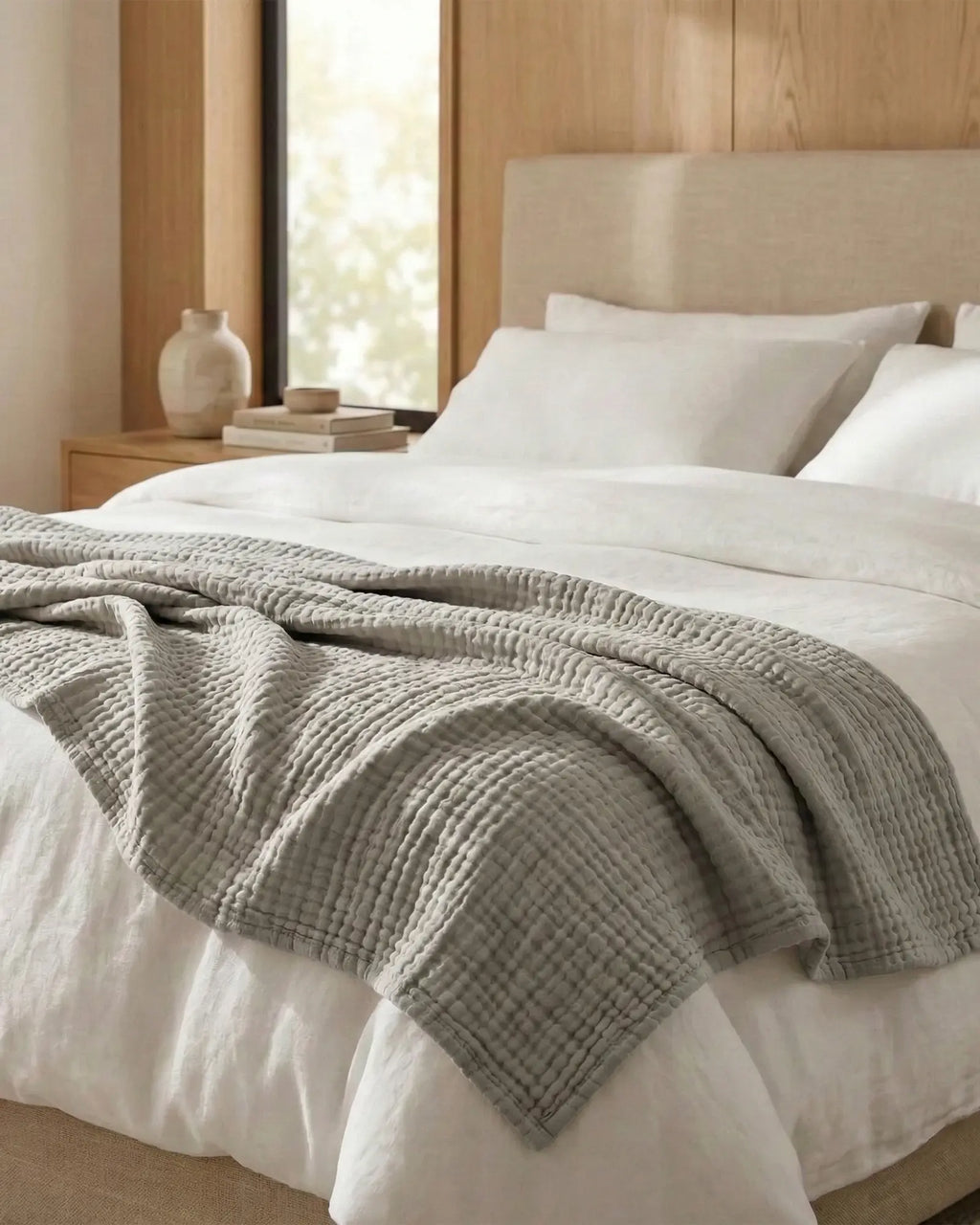 Muslin Blanket in Grey, close-up of the open cotton weave