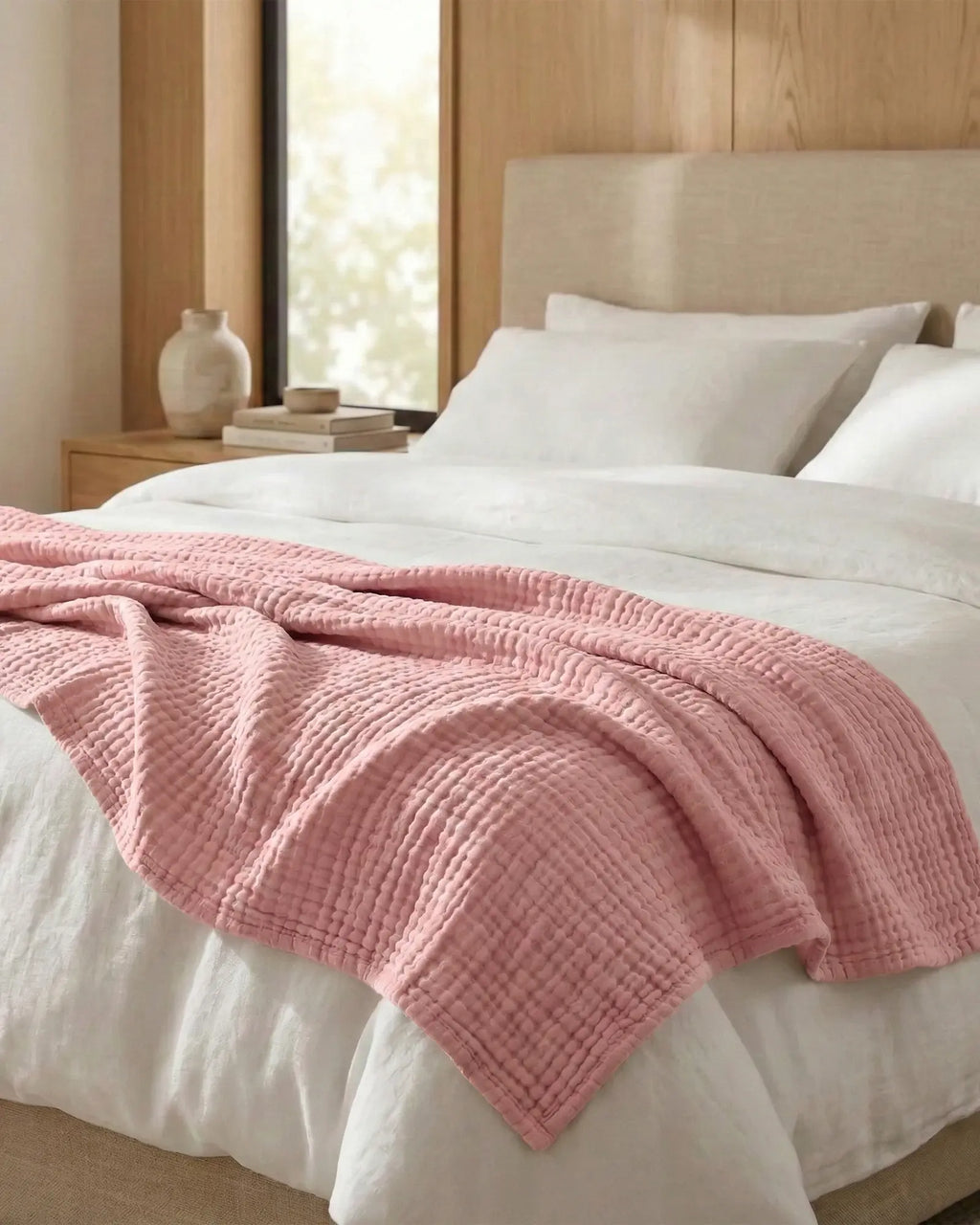 Muslin Blanket in Pink, close-up of the open cotton weave