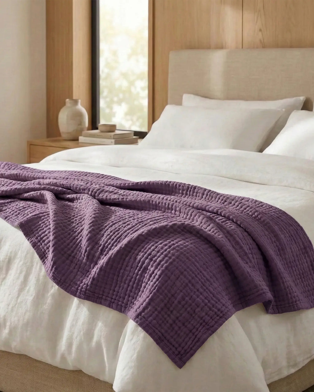 Muslin Blanket in Purple, close-up of the open cotton weave