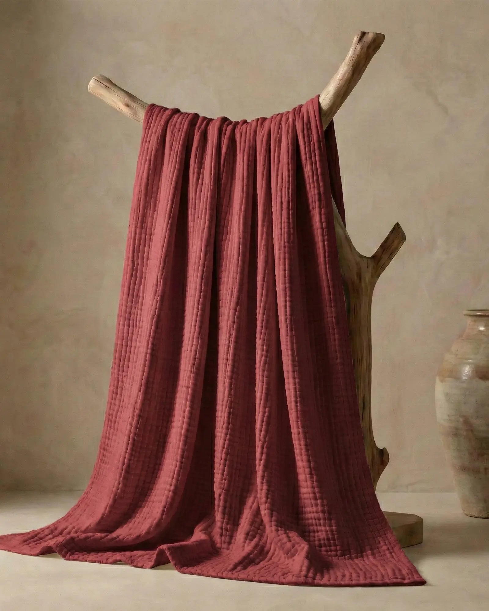 Muslin Blanket in Wine Red, close-up of the open cotton weave