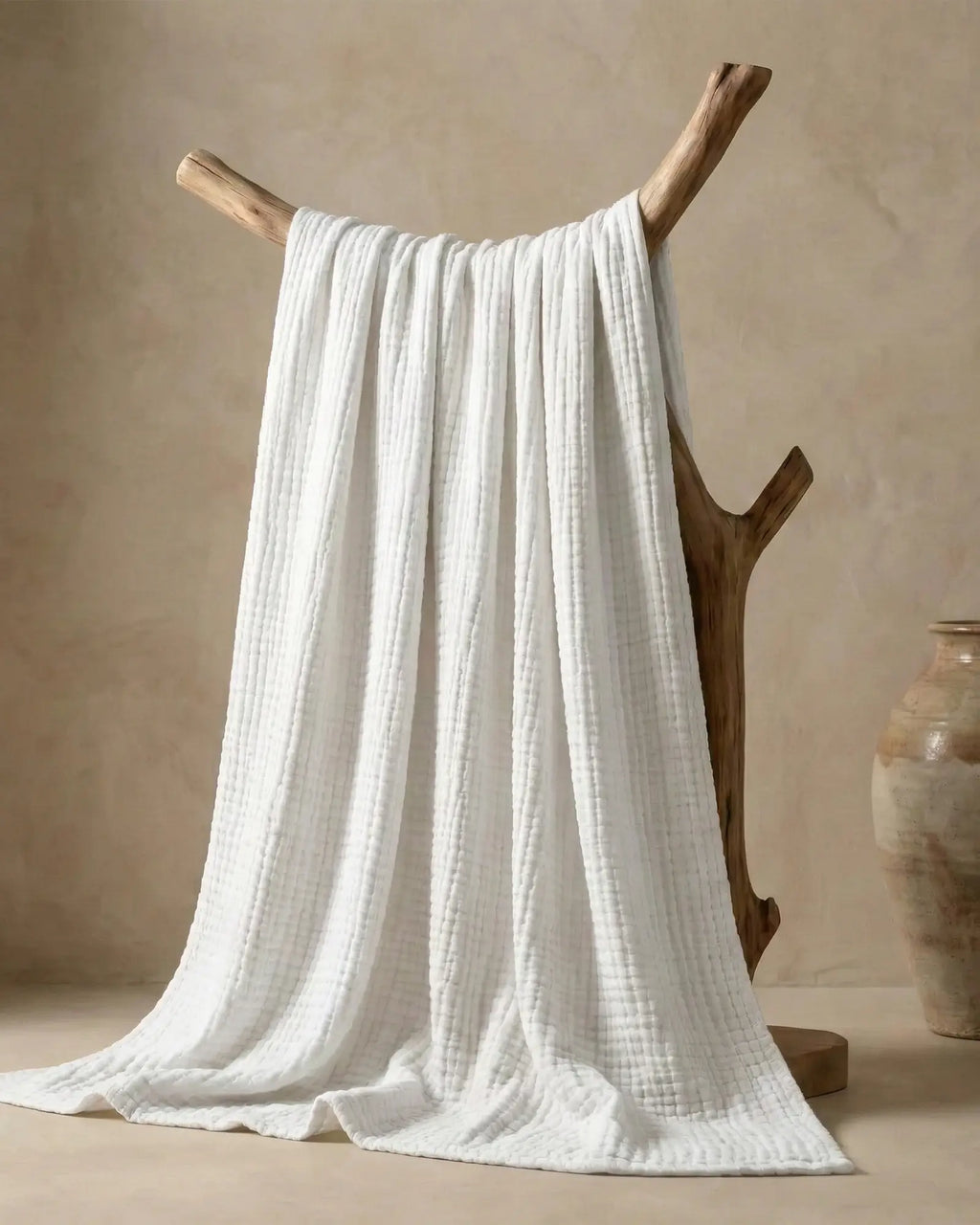 Muslin Blanket in White, close-up of the open cotton weave