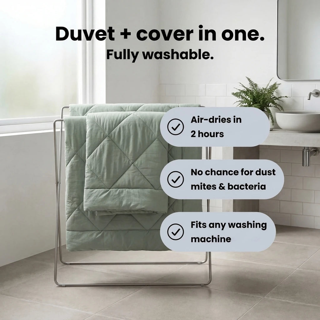 Duvet and cover in one — fully washable, air-dries in 2 hours