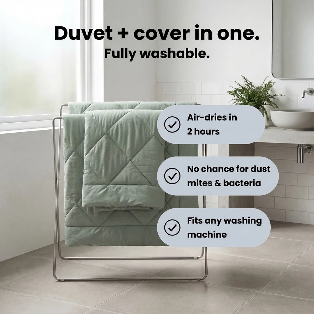 Duvet and cover in one — fully washable, air-dries in 2 hours