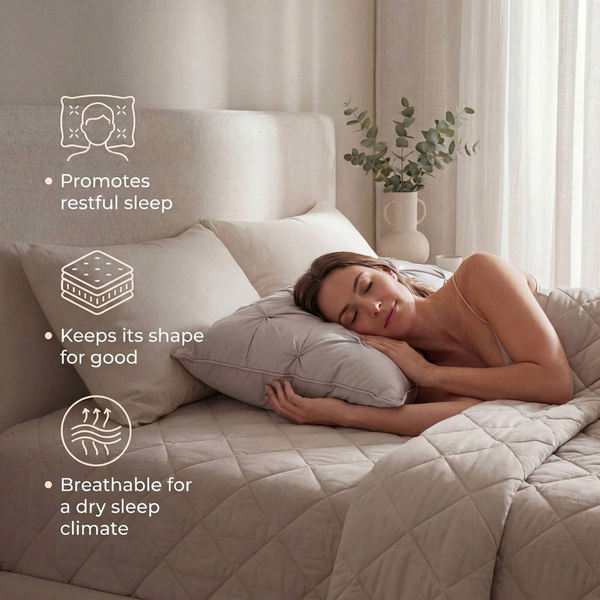 SoftCloud pillow benefits: promotes restful sleep, keeps its shape, breathable